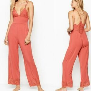 NWT Victoria's Secret Heavenly Soft Lace Modal Jumpsuit in Coral Pink Sz Medium